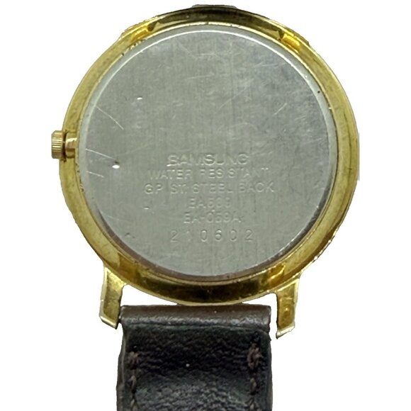 Vtg Samsung Quartz Watch Women's Gold Tone Analog Brown Leather Band EA-059A - Picture 2 of 7